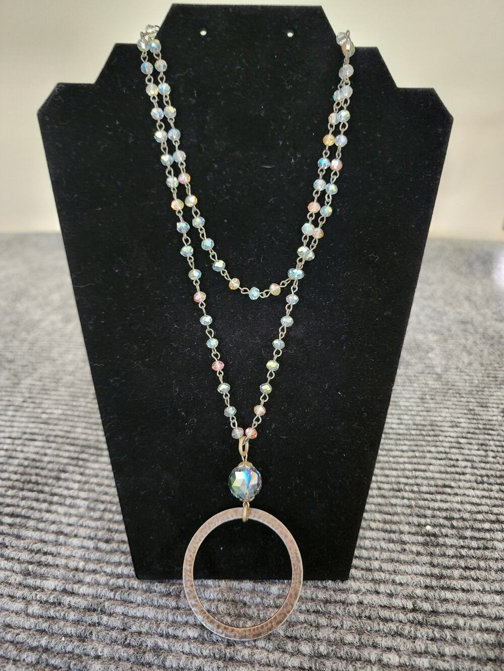 Silvertone Beaded Necklace With Circle Pendant